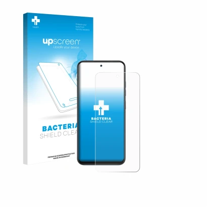 Parte frontal de un envase de producto con el logotipo de la marca upscreen. Al lado se muestra el dispositivo Infinix Smart 1
