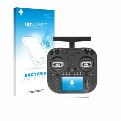 Parte frontal de un envase de producto con el logotipo de la marca upscreen. Al lado se muestra el dispositivo Radiomaster TX1