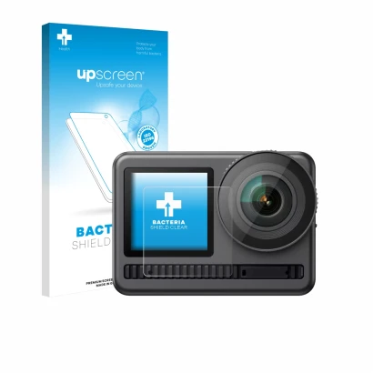 Parte frontal de un envase de producto con el logotipo de la marca upscreen. Al lado se muestra el dispositivo Akaso Brave 8 (