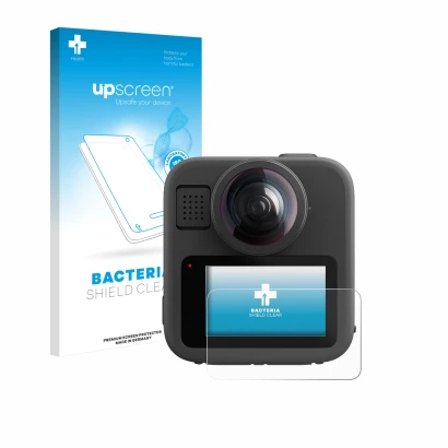 Parte frontal de un envase de producto con el logotipo de la marca upscreen. Al lado se muestra el dispositivo GoPro Max 2 con