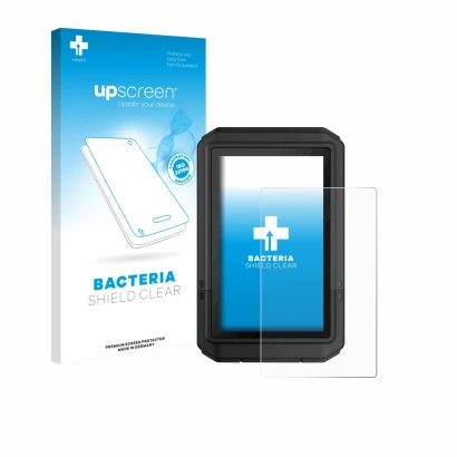 Parte frontal de un envase de producto con el logotipo de la marca upscreen. Al lado se muestra el dispositivo Garmin eTrex To