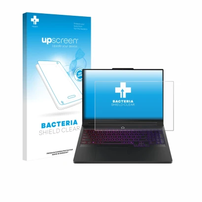 Parte frontal de un envase de producto con el logotipo de la marca upscreen. Al lado se muestra el dispositivo Lenovo Legion P