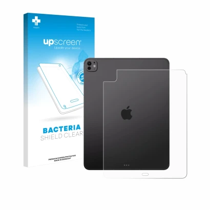 Parte frontal de un envase de producto con el logotipo de la marca upscreen. Al lado se muestra el dispositivo Apple iPad Pro 