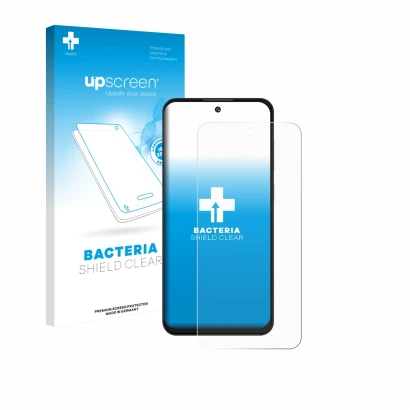 Parte frontal de un envase de producto con el logotipo de la marca upscreen. Al lado se muestra el dispositivo Oukitel C69 con