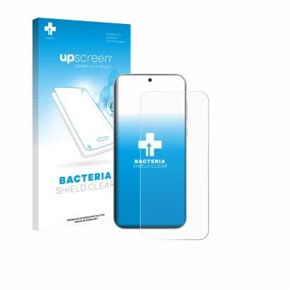 Parte frontal de un envase de producto con el logotipo de la marca upscreen. Al lado se muestra el dispositivo OnePlus 15 con 