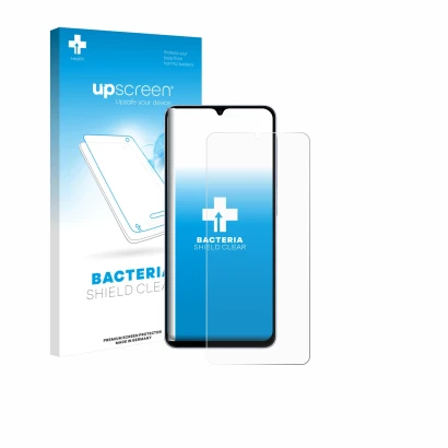 Parte frontal de un envase de producto con el logotipo de la marca upscreen. Al lado se muestra el dispositivo Samsung Galaxy