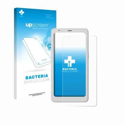 Parte frontal de un envase de producto con el logotipo de la marca upscreen. Al lado se muestra el dispositivo Boox Palma 2 Pr