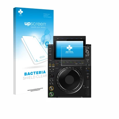 Parte frontal de un envase de producto con el logotipo de la marca upscreen. Al lado se muestra el dispositivo Pioneer CDJ 300