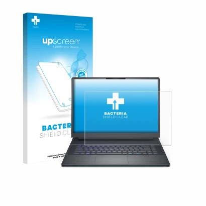 Parte frontal de un envase de producto con el logotipo de la marca upscreen. Al lado se muestra el dispositivo Dell Alienware