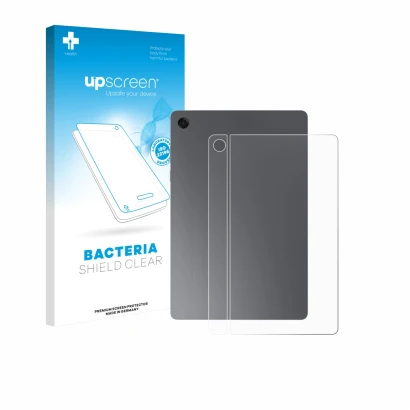 Parte frontal de un envase de producto con el logotipo de la marca upscreen. Al lado se muestra el dispositivo Samsung Galaxy 