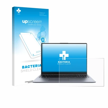 Parte frontal de un envase de producto con el logotipo de la marca upscreen. Al lado se muestra el dispositivo Huawei MateBook