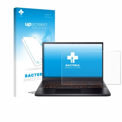 Parte frontal de un envase de producto con el logotipo de la marca upscreen. Al lado se muestra el dispositivo Acer Nitro V 15