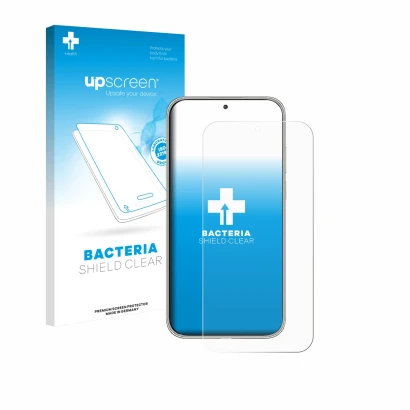 Parte frontal de un envase de producto con el logotipo de la marca upscreen. Al lado se muestra el dispositivo Huawei Mate 70 