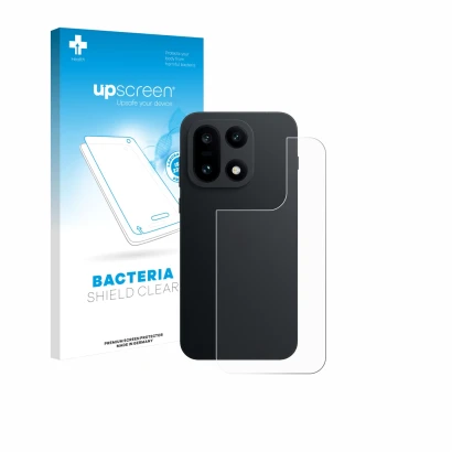 Parte frontal de un envase de producto con el logotipo de la marca upscreen. Al lado se muestra el dispositivo OnePlus 15 (Tra