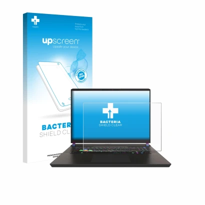 Parte frontal de un envase de producto con el logotipo de la marca upscreen. Al lado se muestra el dispositivo MSI Vector 17 H