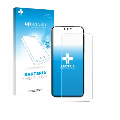 Parte frontal de un envase de producto con el logotipo de la marca upscreen. Al lado se muestra el dispositivo Huawei Mate 80 