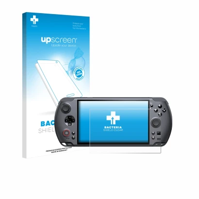 Parte frontal de un envase de producto con el logotipo de la marca upscreen. Al lado se muestra el dispositivo GPD Win 5 con s