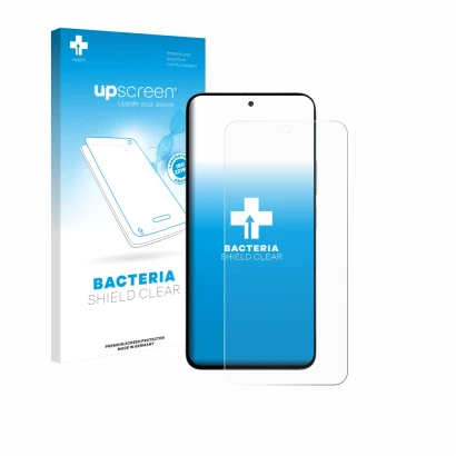 Parte frontal de un envase de producto con el logotipo de la marca upscreen. Al lado se muestra el dispositivo Xiaomi Poco M7