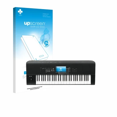 Parte frontal de un envase de producto con el logotipo de la marca upscreen. Al lado se muestra el dispositivo KORG Nautilus 6