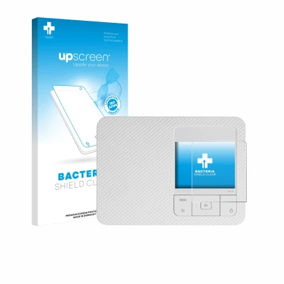 Parte frontal de un envase de producto con el logotipo de la marca upscreen. Al lado se muestra el dispositivo Canon Selphy CP
