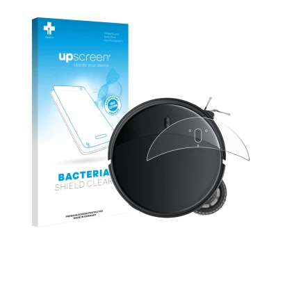 Parte frontal de un envase de producto con el logotipo de la marca upscreen. Al lado se muestra el dispositivo Roborock Saros 