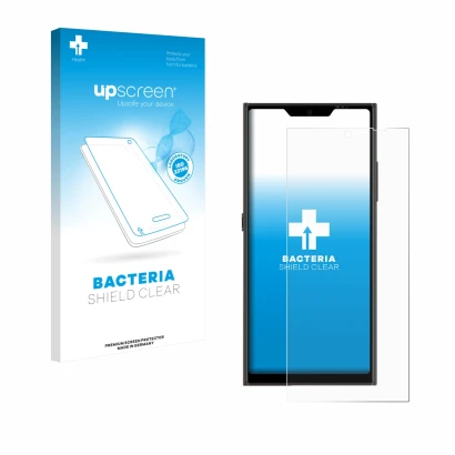 Parte frontal de un envase de producto con el logotipo de la marca upscreen. Al lado se muestra el dispositivo Jolla Phone con