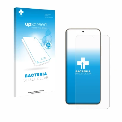 Parte frontal de un envase de producto con el logotipo de la marca upscreen. Al lado se muestra el dispositivo Honor Magic 8 L