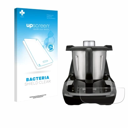 Parte frontal de un envase de producto con el logotipo de la marca upscreen. Al lado se muestra el dispositivo SilverCrest Mon