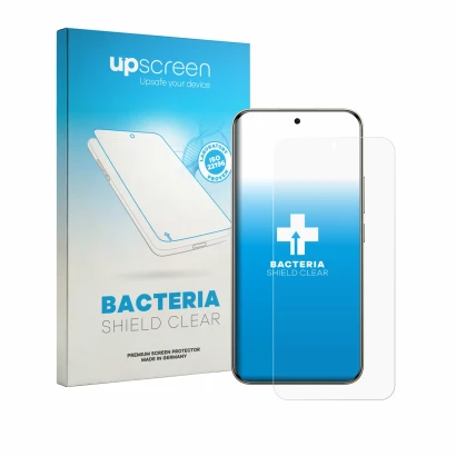 Parte frontal de un envase de producto con el logotipo de la marca upscreen. Al lado se muestra el dispositivo Xiaomi Redmi No