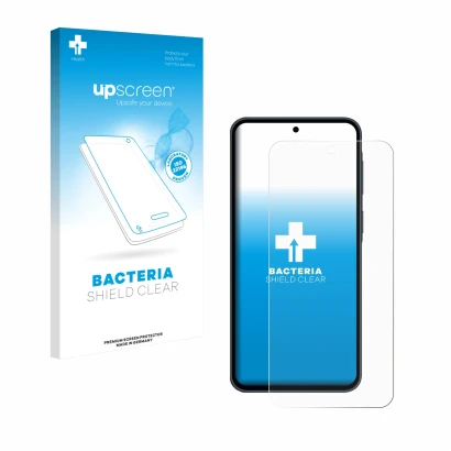 Parte frontal de un envase de producto con el logotipo de la marca upscreen. Al lado se muestra el dispositivo Samsung Galaxy 