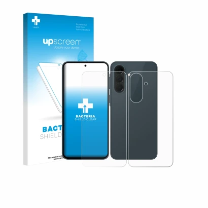 Parte frontal de un envase de producto con el logotipo de la marca upscreen. Al lado se muestra el dispositivo Samsung Galaxy 
