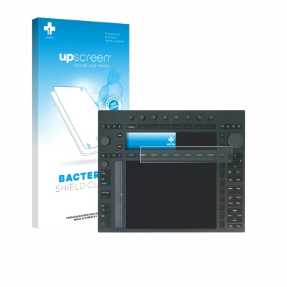 Parte frontal de un envase de producto con el logotipo de la marca upscreen. Al lado se muestra el dispositivo Ableton Push 3