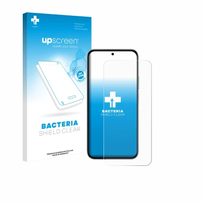 Parte frontal de un envase de producto con el logotipo de la marca upscreen. Al lado se muestra el dispositivo Vivo Y500i con 