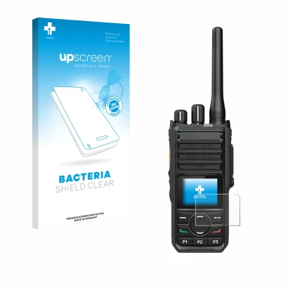 Parte frontal de un envase de producto con el logotipo de la marca upscreen. Al lado se muestra el dispositivo Hytera HP565 co