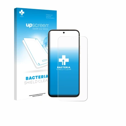 Parte frontal de un envase de producto con el logotipo de la marca upscreen. Al lado se muestra el dispositivo Oppo A6c con su