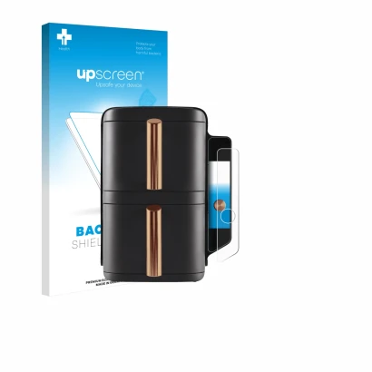 Parte frontal de un envase de producto con el logotipo de la marca upscreen. Al lado se muestra el dispositivo Ninja Double St