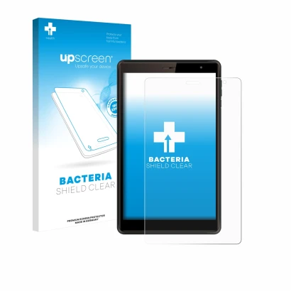 Parte frontal de un envase de producto con el logotipo de la marca upscreen. Al lado se muestra el dispositivo Logicom Tab 80 