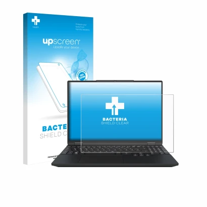 Parte frontal de un envase de producto con el logotipo de la marca upscreen. Al lado se muestra el dispositivo Tuxedo Infinity