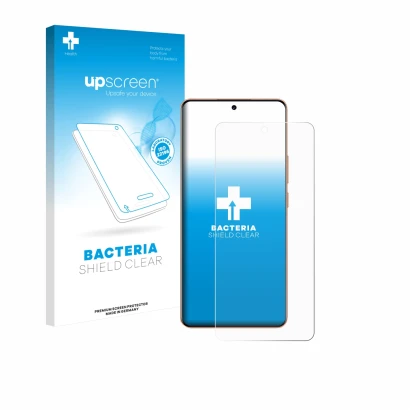 Parte frontal de un envase de producto con el logotipo de la marca upscreen. Al lado se muestra el dispositivo realme P4 Pro 5