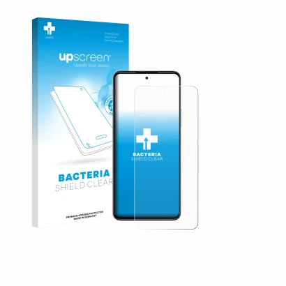 Parte frontal de un envase de producto con el logotipo de la marca upscreen. Al lado se muestra el dispositivo realme P4x 5G c