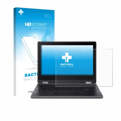 Parte frontal de un envase de producto con el logotipo de la marca upscreen. Al lado se muestra el dispositivo Acer Chromebook