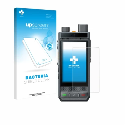 Parte frontal de un envase de producto con el logotipo de la marca upscreen. Al lado se muestra el dispositivo Hytera P60 con