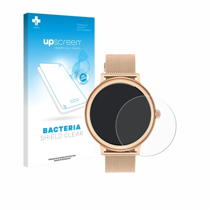 Parte frontal de un envase de producto con el logotipo de la marca upscreen. Al lado se muestra el dispositivo Ruxingx AK98 1.