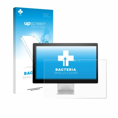 Parte frontal de un envase de producto con el logotipo de la marca upscreen. Al lado se muestra el dispositivo HP Pavilion All