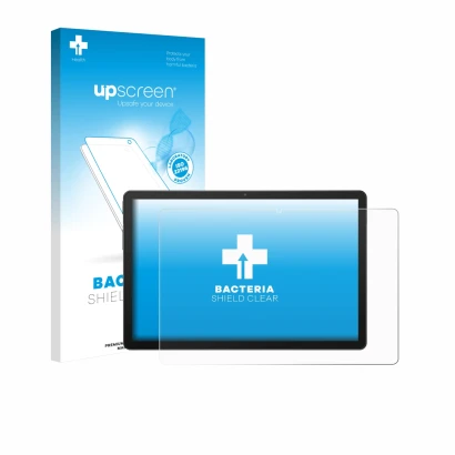 Parte frontal de un envase de producto con el logotipo de la marca upscreen. Al lado se muestra el dispositivo Sunmi CPad 11"