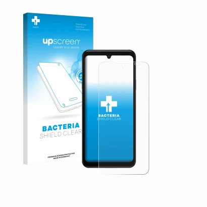 Parte frontal de un envase de producto con el logotipo de la marca upscreen. Al lado se muestra el dispositivo Sunmi M3 con su