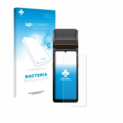 Parte frontal de un envase de producto con el logotipo de la marca upscreen. Al lado se muestra el dispositivo Sunmi V3 A13 co