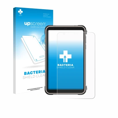 Parte frontal de un envase de producto con el logotipo de la marca upscreen. Al lado se muestra el dispositivo Ulefone RugKing