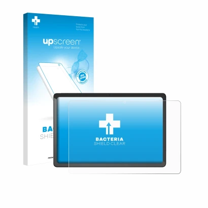 Parte frontal de un envase de producto con el logotipo de la marca upscreen. Al lado se muestra el dispositivo Chuwi AuPad con