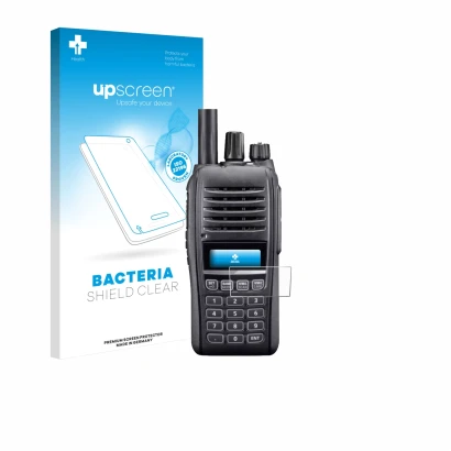 Parte frontal de un envase de producto con el logotipo de la marca upscreen. Al lado se muestra el dispositivo Icom IC-T10 con